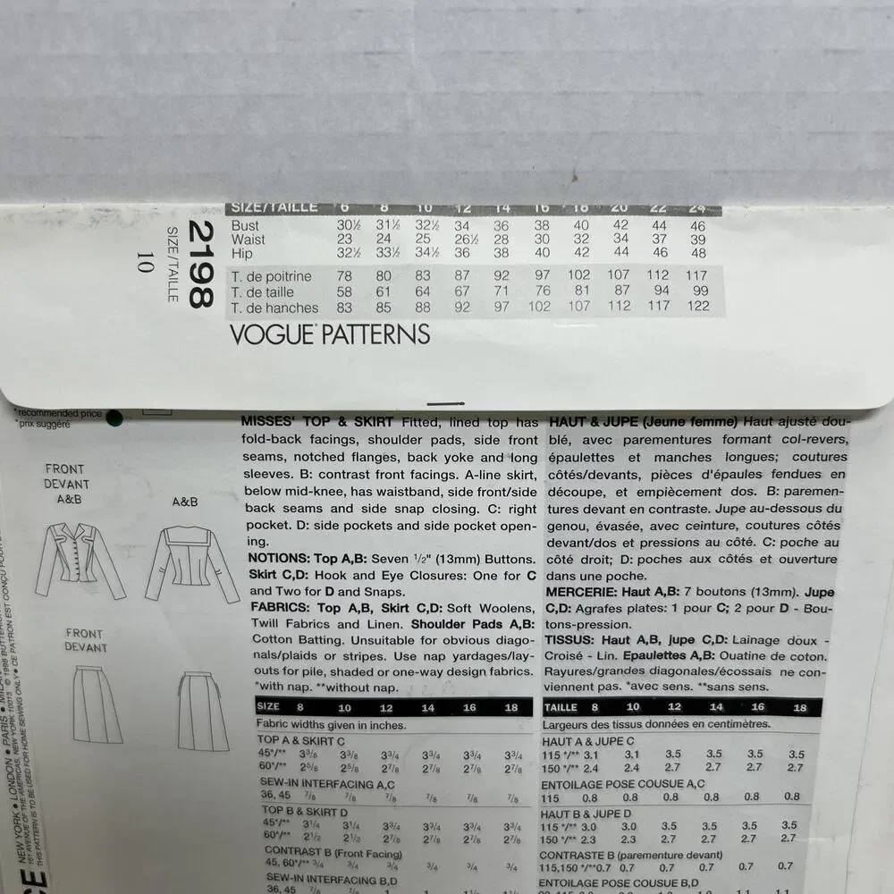 VTG Vogue 1944 WW2 Retro Model- Suit / Top Skirt Costume Sewing Pattern 2198 S10